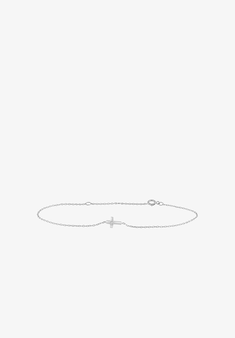 Sidabrinė grandinėlės apyrankė su mažu kryželio pakabuku, kuriame yra centrinis brangakmenis. Delikatūs grandinėlės žiedeliai ir saugus užsegimo dizainas.