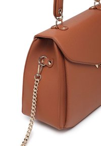 Brown leather handbag with a textured finish, a flap closure, and a gold chain strap. Features metallic hardware and a structured shape.