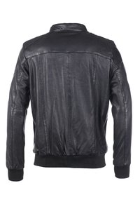 Schwarze Lederjacke mit glatter Textur, gerippten Bündchen und Saum. Verfügt über einen klassischen Kragen und Nahtdetails auf dem Rücken.