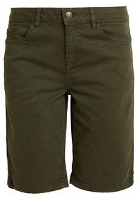 Shorts en coton vert olive avec fermeture à bouton, cinq poches et coupe droite. Comprend des passants de ceinture et une texture subtile.