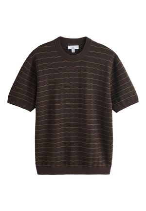 Dunkelbraunes Kurzarm-Strickshirt mit dezenten horizontalen wellenförmigen Streifen und rundem Ausschnitt, Größe M.