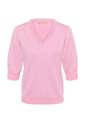 Hellrosa V-Ausschnitt Pullover mit dreiviertel Ärmeln. Weiches Strickmaterial, gerippter Saum und Bündchen, mit einfachem Design ohne Verzierungen.