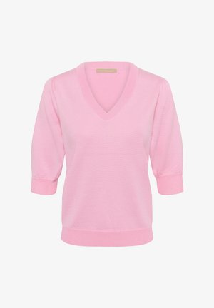 Svetloružový sveter s výstrihom do V a tromi štvrťovými rukávmi. Mäkký pletený materiál, rebrovaný lem a manžety, jednoduchý dizajn bez zdobení.