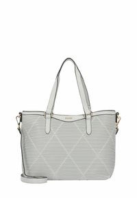 Borsa a tracolla grigia con una struttura rigida, caratterizzata da una texture a coste e un motivo a diamante, manici doppi e una tracolla regolabile con finiture in tonalità oro.