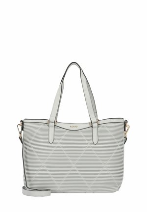 Sac fourre-tout structuré gris présentant une texture côtelée, un motif en losanges, des poignées doubles et une bandoulière réglable avec des finitions en métal doré.