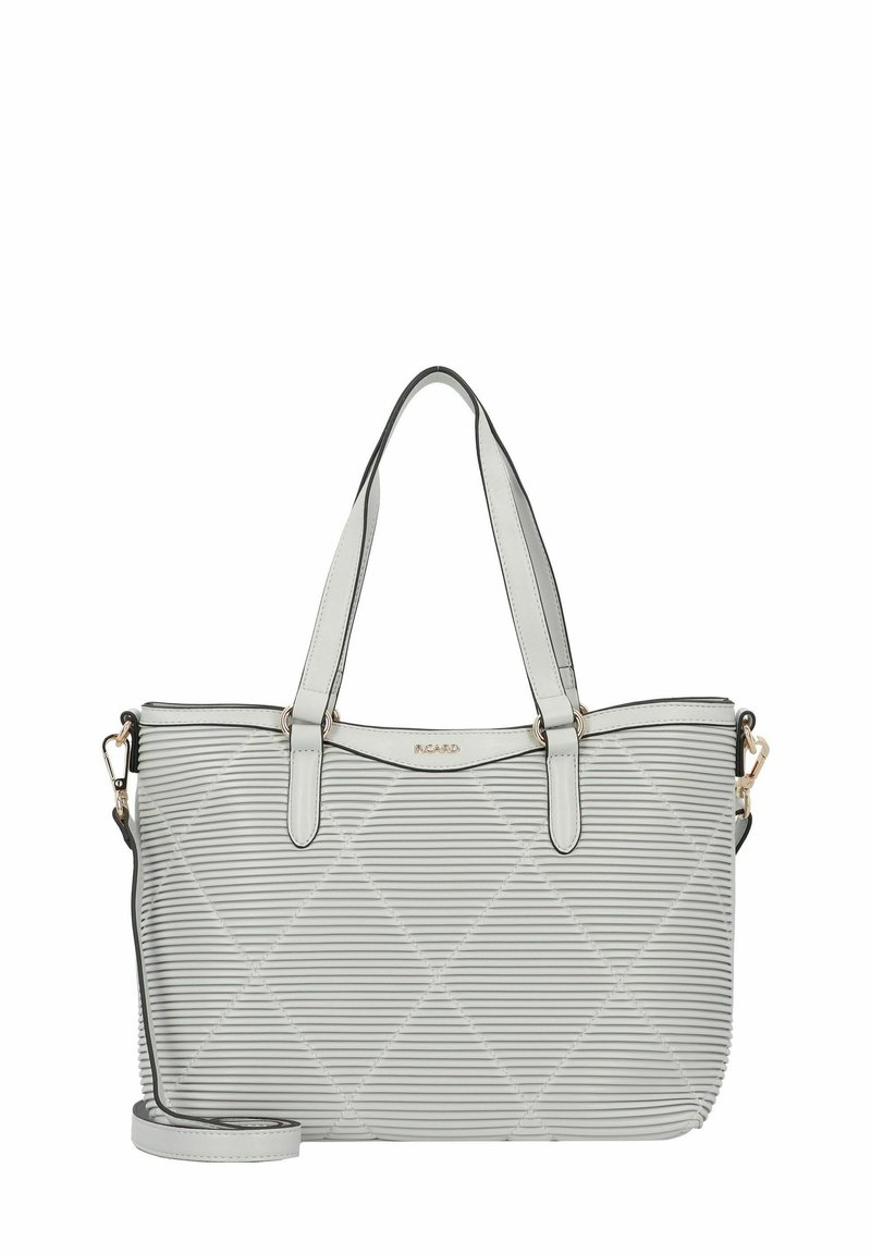 Borsa a tracolla grigia con una struttura rigida, caratterizzata da una texture a coste e un motivo a diamante, manici doppi e una tracolla regolabile con finiture in tonalità oro.
