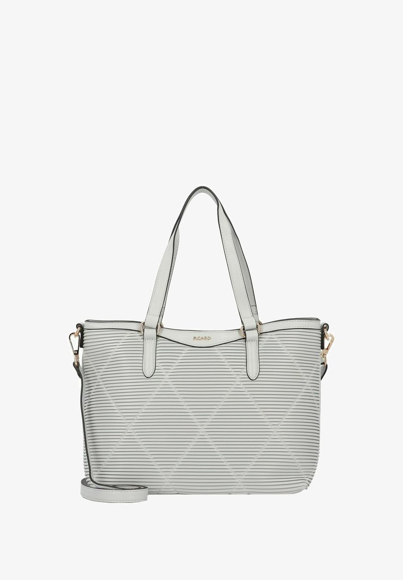 Grijze gestructureerde tote bag met ribbeltextuur, diamanten patroon, dubbele handvatten en een verstelbare schouderriem met hardware in goudkleur.