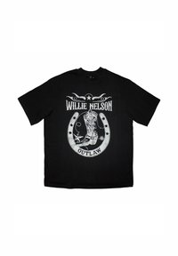 Black cotton t-shirt featuring a graphic print with text "Willie Nelson" and "Outlaw," a cowboy boot and stars in silver color.