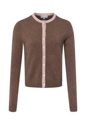 Brauner Langarm-Cardigan mit hellrosa Besatz am Kragen und an der Knopfleiste, mit perlenähnlichen Knöpfen vorne.