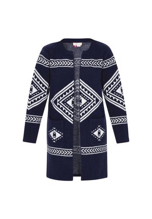 Cardigan bleumarin cu modele geometrice albe, cu guler rotund, deschis în față, mâneci lungi și două buzunare în față.