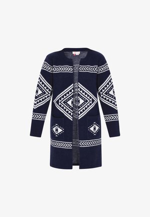 Tumesinine kardigan valgete geomeetriliste mustritega, ümarate kaelustega, avatud ees, pikkade käistega ja kahe esiosa taskuga.