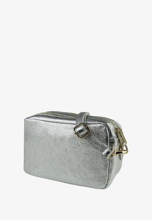 Metalische zilveren toilettas met een rechthoekige vorm, ritssluiting en een afneembare riem. Heeft een gestructureerd oppervlak en goudkleurige hardware.