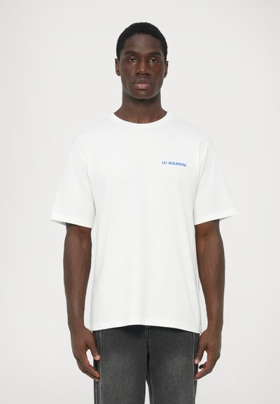 White cotton t-shirt with short sleeves, round neckline, and blue text "LET BENJAMINI" printed on the left chest area. Simple design.