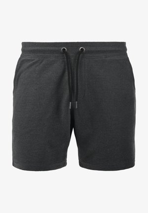 Σκούρες γκρι σορτς κατασκευασμένα από υφαντό ύφασμα, με ελαστική μέση και μαύρες κορδόνες με μεταλλικά μάτια.