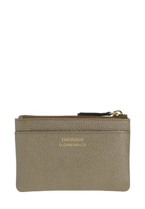 Porte-cartes zippé Loxwood en cuir métallisé taupe. Texture lisse, logo doré et fermeture éclair. Compact avec des emplacements pour cartes.