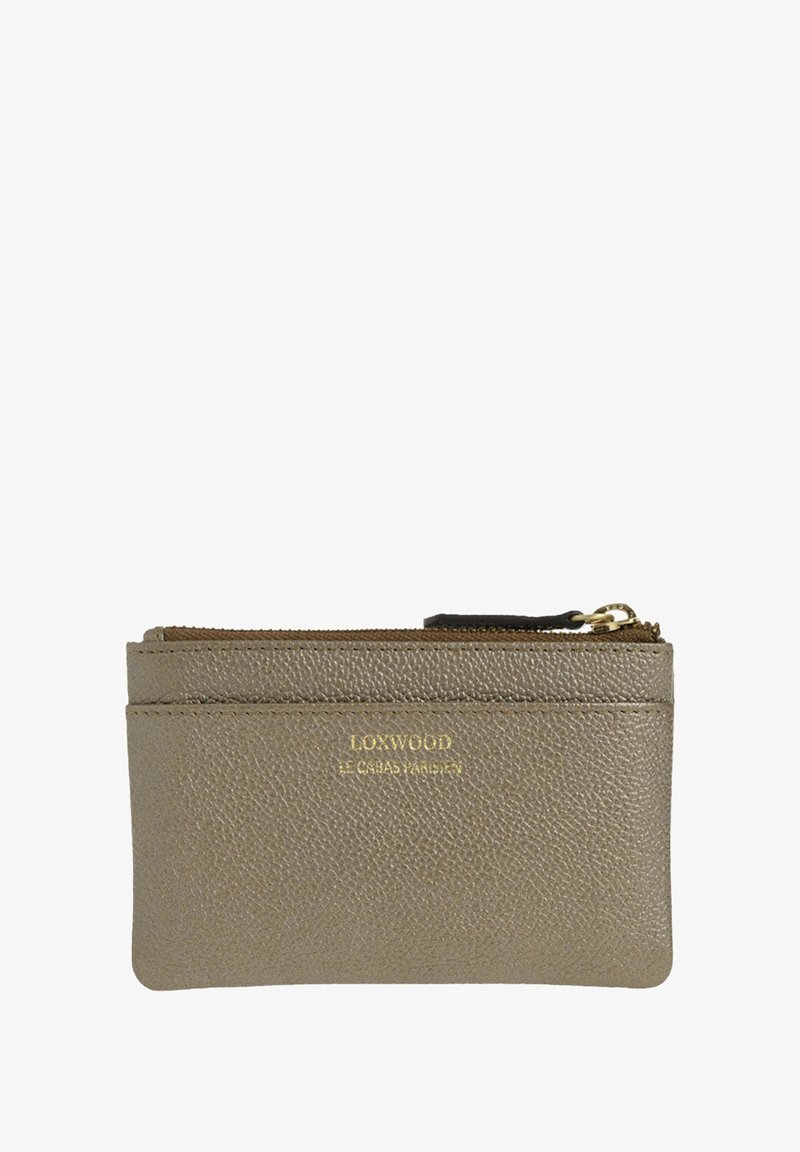 Porte-cartes zippé Loxwood en cuir métallisé taupe. Texture lisse, logo doré et fermeture éclair. Compact avec des emplacements pour cartes.