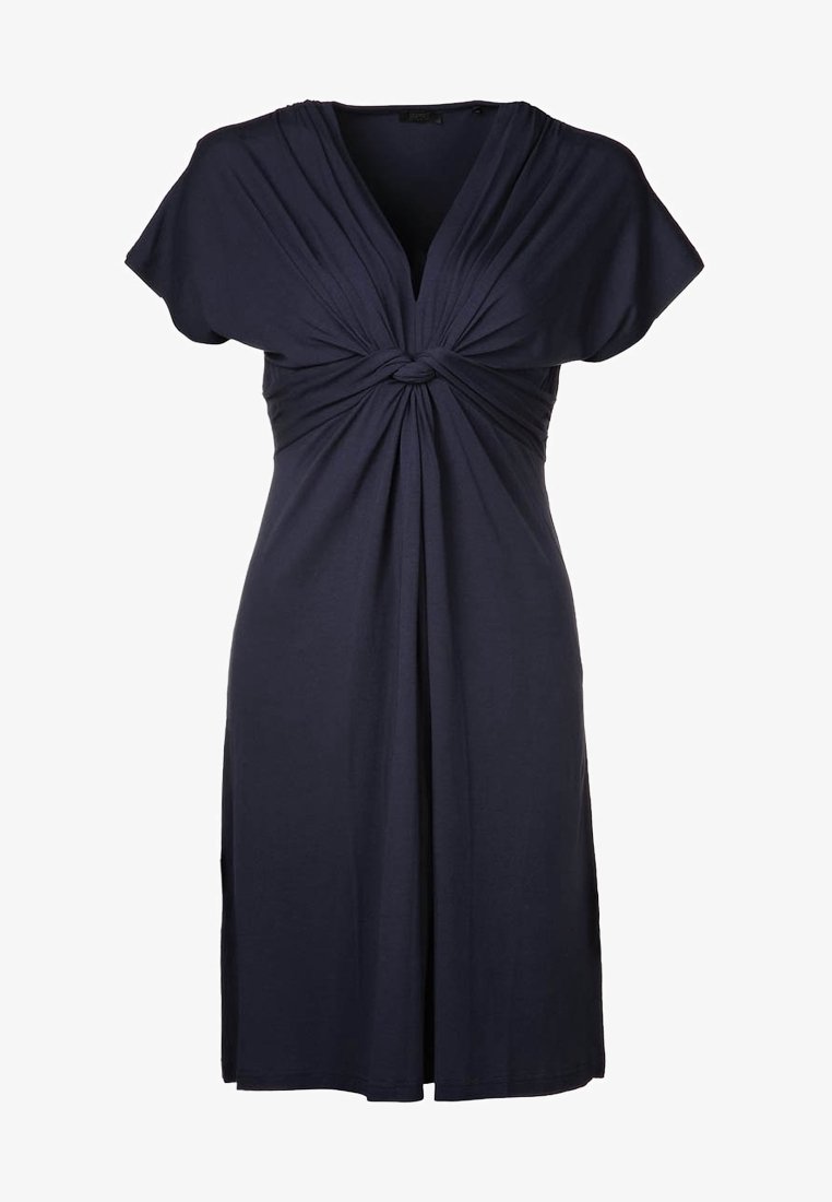 Robe bleu marine longueur genou avec manches courtes, encolure en V et détail noué froncé au centre devant.