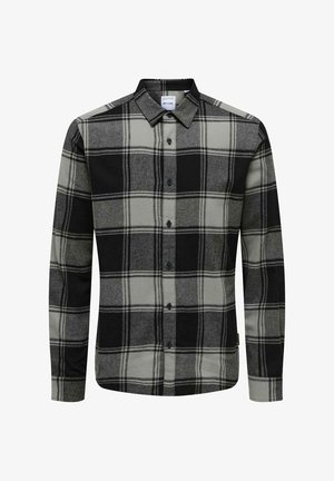 Svart og grå rutete skjorte med lange ermer, knappestolpe foran og klassisk krage. Myk tekstur på stoffet, med kontrasterende mønstre.