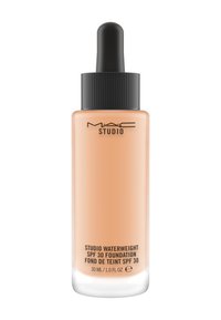 MAC Studio Waterweight SPF 30 Foundation; 30 ml, glassflaske med pipette; ferskenfarge; matt finish; svart ribbet kork; hvit og svart etikett.
