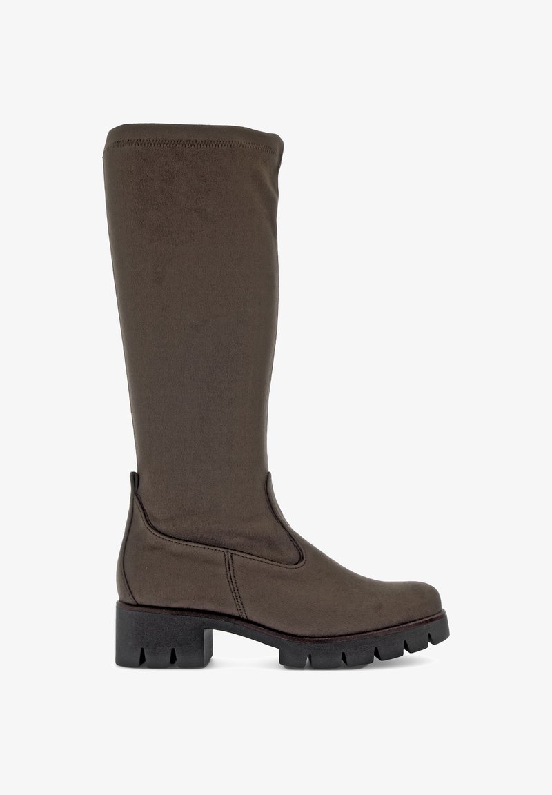 Brown fabric knee-high boot with a textured finish, elastic sides, and a chunky black rubber sole featuring deep tread for grip.