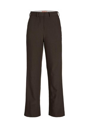 Donkerbruine broek met rechte pijpen, riemlussen, rits en getailleerde pasvorm, geschikt voor formele of zakelijke kleding.
