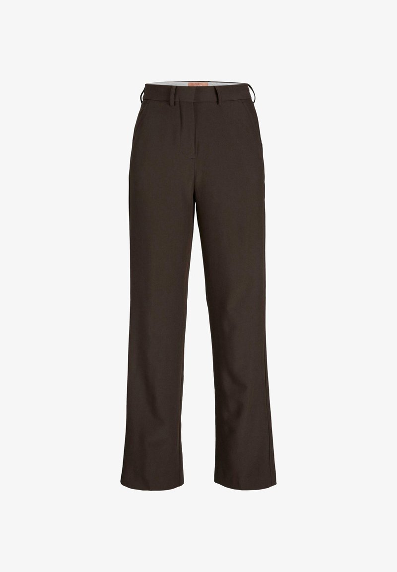 Pantalon marron foncé à jambes droites avec passants pour ceinture, fermeture éclair et coupe ajustée, adapté pour une tenue formelle ou professionnelle.