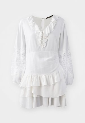 Biela šaty s volánikovým lemom, dlhými balónovými rukávmi s vyšívanými detailmi a vrstveným lemom. Vyrobené z ľahkého materiálu.