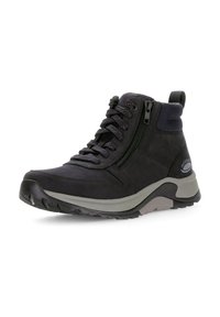 Botas altas negras con una combinación de materiales de ante y textil, un cierre lateral y una suela gris acolchada para mayor soporte.