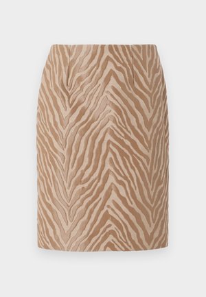 Beige minihame, jossa on tekstiilinen seepri-raidallinen kuvio tummemmissa sävyissä. Omistaa sileän pinnan ja muotoillun designin, jossa on etupuolelle ommeltuja laskoksia.