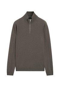Maglione marrone a maniche lunghe con colletto alto a coste e zip argentata frontale, realizzato in morbido tessuto a maglia.