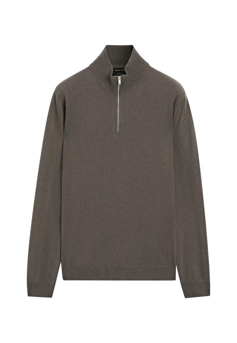 Maglione marrone a maniche lunghe con colletto alto a coste e zip argentata frontale, realizzato in morbido tessuto a maglia.