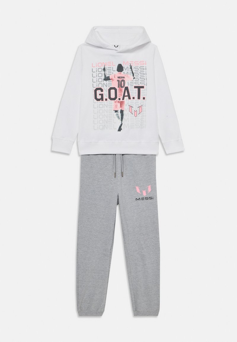 White hoodie with graphic text and illustration, paired with gray sweatpants featuring logo detail in pink. Cotton material, casual fit.