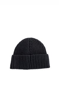 Strikket beanie-hue i mørkegrå, med en ribbet tekstur, fold-over manchet og glat top. Fremstillet af blødt, varmt materiale.
