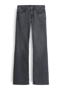 Donkergrijze flare jeans van denim. Ze hebben een klassiek vijf-pocket ontwerp, een knoopsluiting en zichtbare stiksels langs de naden.