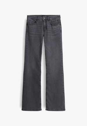 Dunkelgraue Schlagjeans aus Denim. Sie verfügen über ein klassisches Fünf-Taschen-Design, einen Knopfverschluss und sichtbare Nähte entlang der Säume.