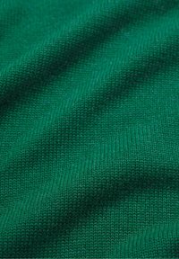 Tela verde tejida con una textura suave, que presenta un patrón consistente y un ligero estiramiento. Color rico y vibrante con textura uniforme.