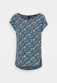 Blouse florale avec un fond noir, manches courtes, col rond et fermeture à bouton au dos. Présente de petits motifs floraux multicolores.
