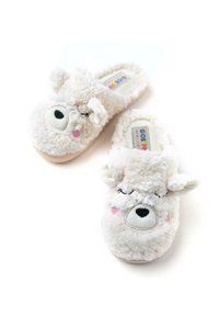 Pantofole bianche e pelose a forma di orso, con una texture morbida, faccia ricamata e piccole orecchie. Fodera interna morbida e soletta leggera.