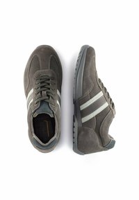 Gray suede sneakers with gray and white stripes, round laces, padded collar, and textured rubber sole. Two shoes displayed from above.