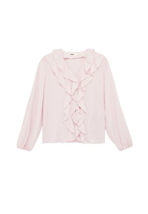 Blusa a maniche lunghe rosa chiaro con volant a strati lungo la scollatura e la parte anteriore, caratterizzata da polsini elasticizzati.