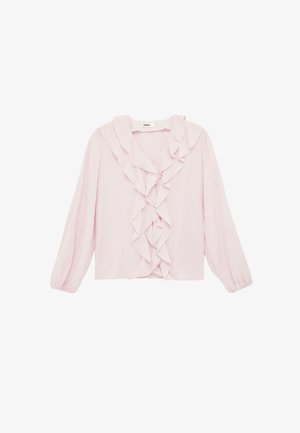 Hellrosa Bluse mit langen Ärmeln und gestufter Rüscheneinfassung entlang des Ausschnitts und der Vorderseite, mit elastischen Bündchen.