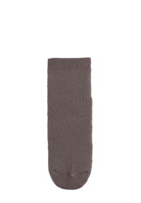 Single gray ankle sock with ribbed cuff, laid flat on white background.