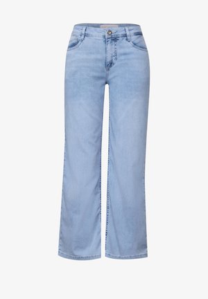 Hellblaue Denim-Jeans im weitem Bein-Design, mit Knopfverschluss, vier Taschen und dezentem Verblassen für Textur.