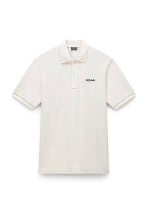 White polo shirt made of smooth cotton. Features a classic collar, three-button placket, and a small black logo on the chest.