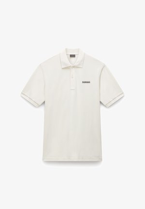 White polo shirt made of smooth cotton. Features a classic collar, three-button placket, and a small black logo on the chest.