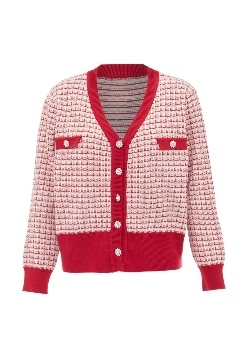 Rot-weißer Cardigan mit Muster, V-Ausschnitt, gerippten Bündchen und Saum. Verfügt über perlenartige Knöpfe und zwei kleine Fronttaschen.
