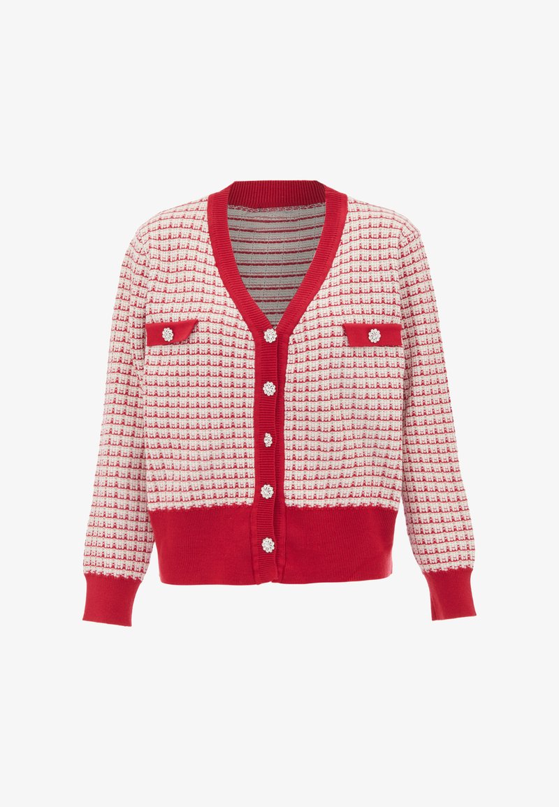 Rot-weißer Cardigan mit Muster, V-Ausschnitt, gerippten Bündchen und Saum. Verfügt über perlenartige Knöpfe und zwei kleine Fronttaschen.