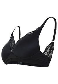 Sutiã preto com acabamento em renda nas bordas, copas de tecido liso, alças ajustáveis e fecho de gancho e olho nas costas.