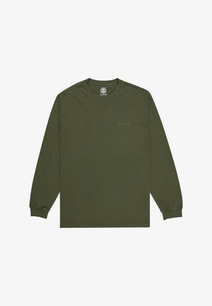 Long-sleeve shirt in olive green cotton, featuring a crew neck, ribbed cuffs, and a small, subtle logo printed on the front.