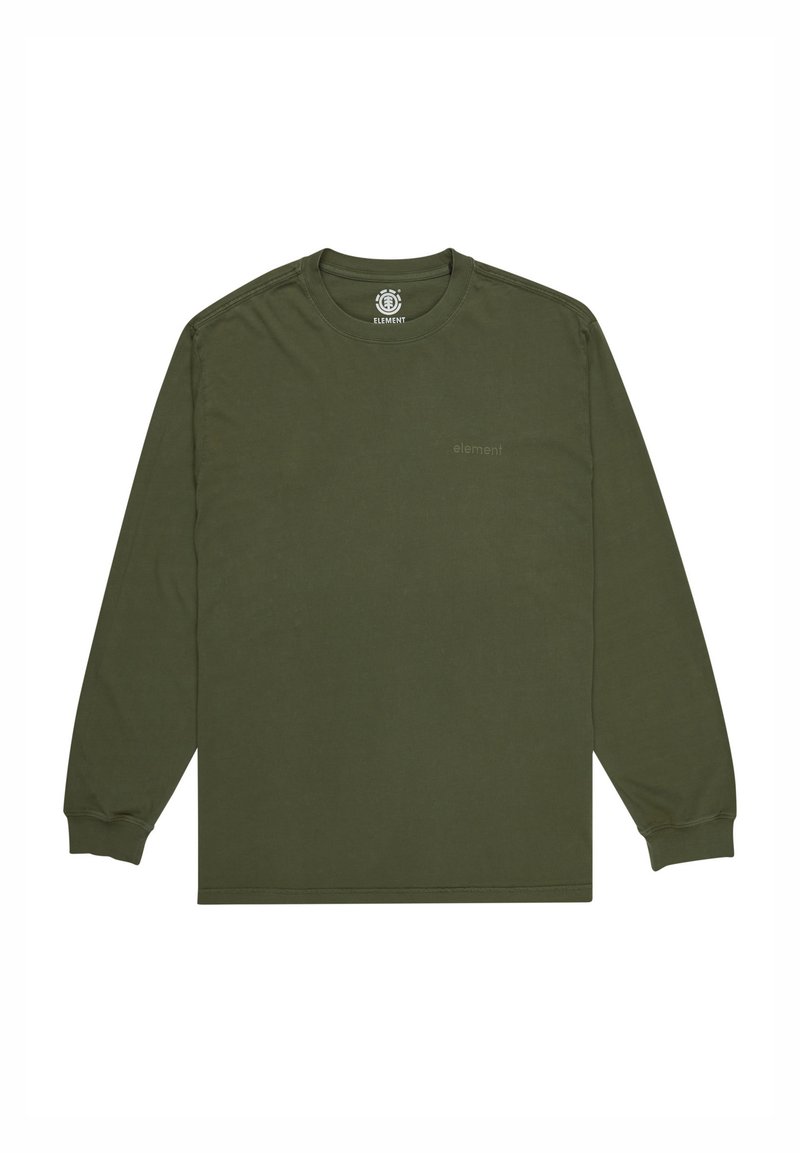 Langärmliges Shirt aus olivgrüner Baumwolle, mit Rundhalsausschnitt, gerippten Bündchen und einem kleinen, dezenten Logo auf der Vorderseite.